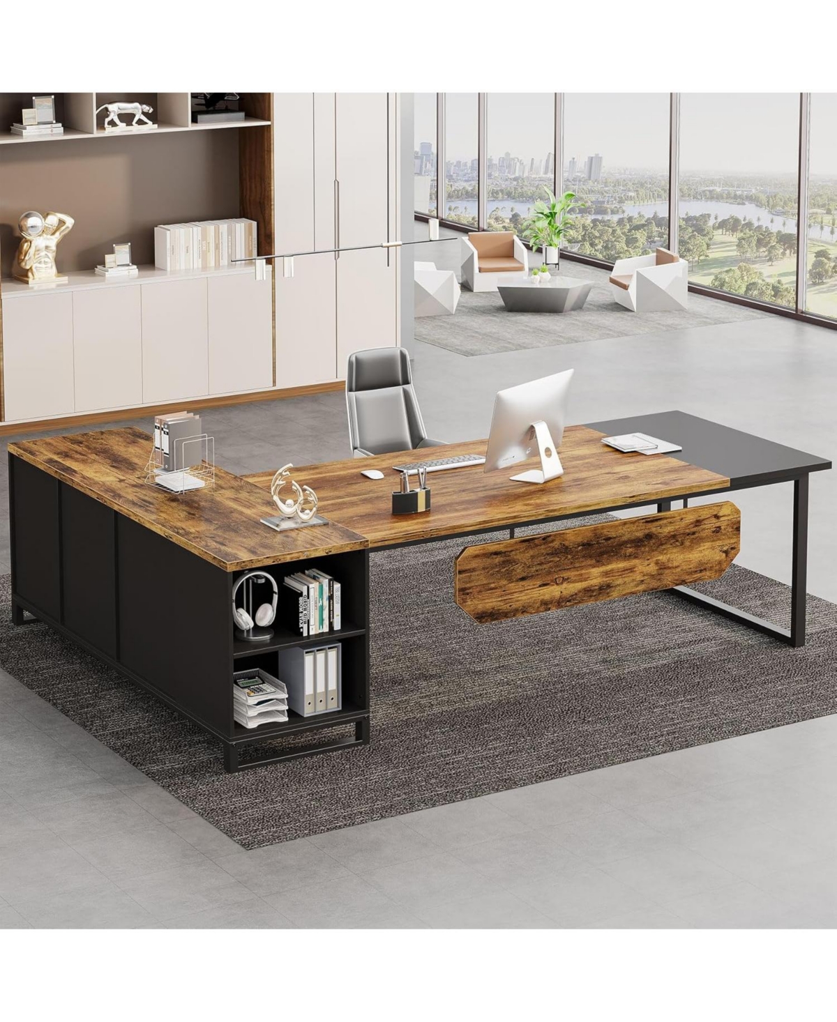 Tribesigns Shaped Executive Desk with File Cabinet and Storage Shelves - Rustic brown  black