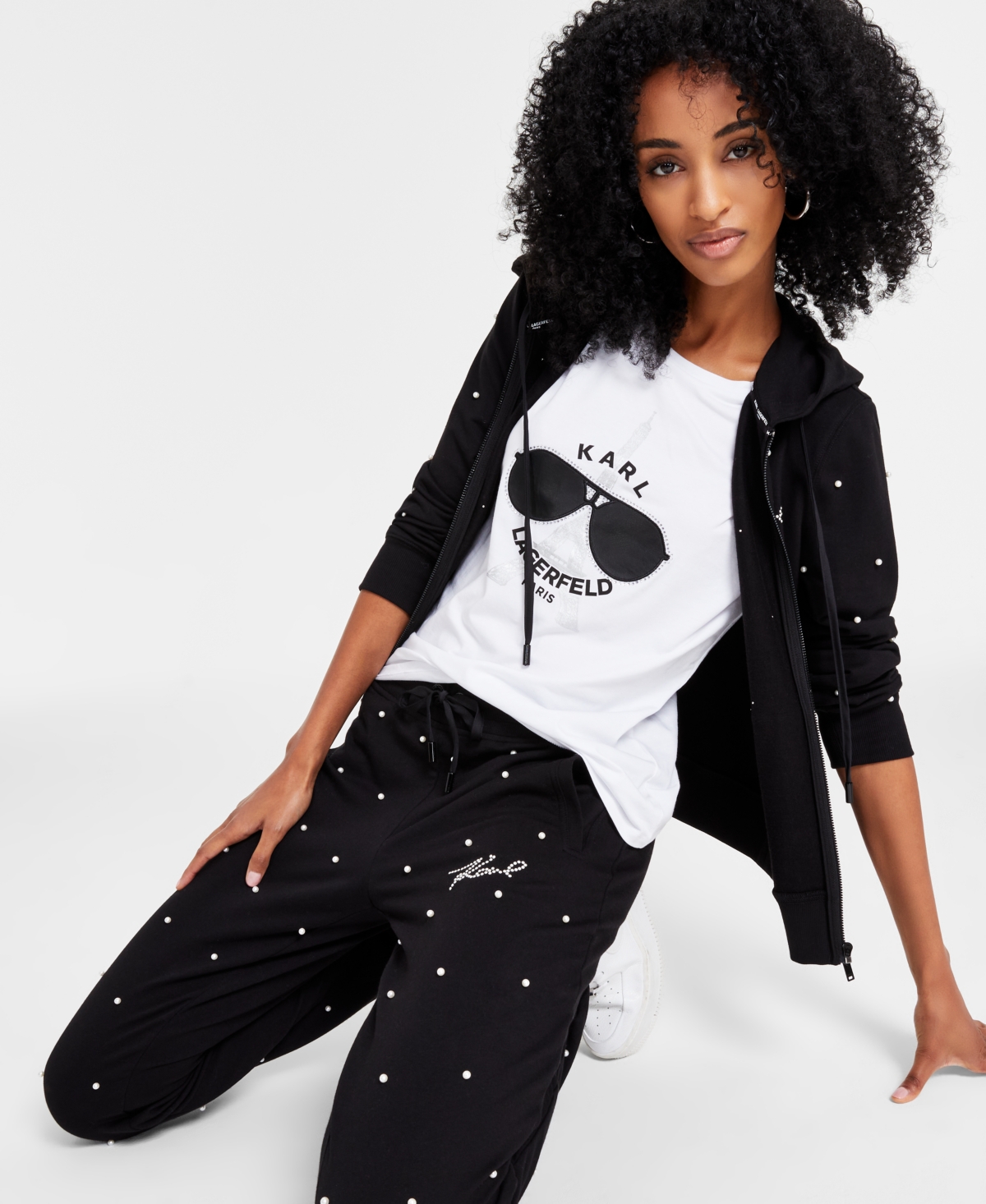Karl Lagerfeld Paris Women's Petite Faux-Pearl Embellished Zip Hoodie
