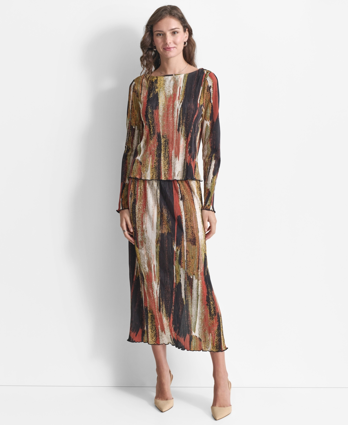 Dkny Women's Printed Crewneck Long-Sleeve Plisse Top
