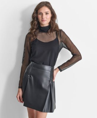 DKNY - Women's Turtleneck Long-Sleeve Zip-Back Mesh Top