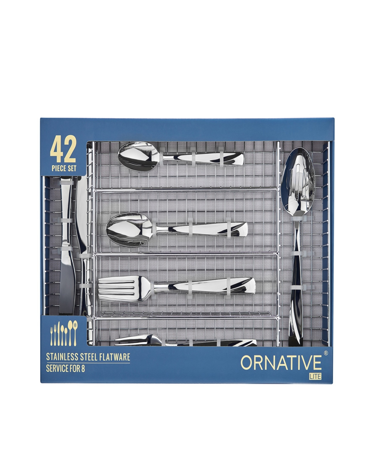 Ornative Rhoda Mirror Service For 8 42 Piece Flatware Set With Wire Caddy In Silver