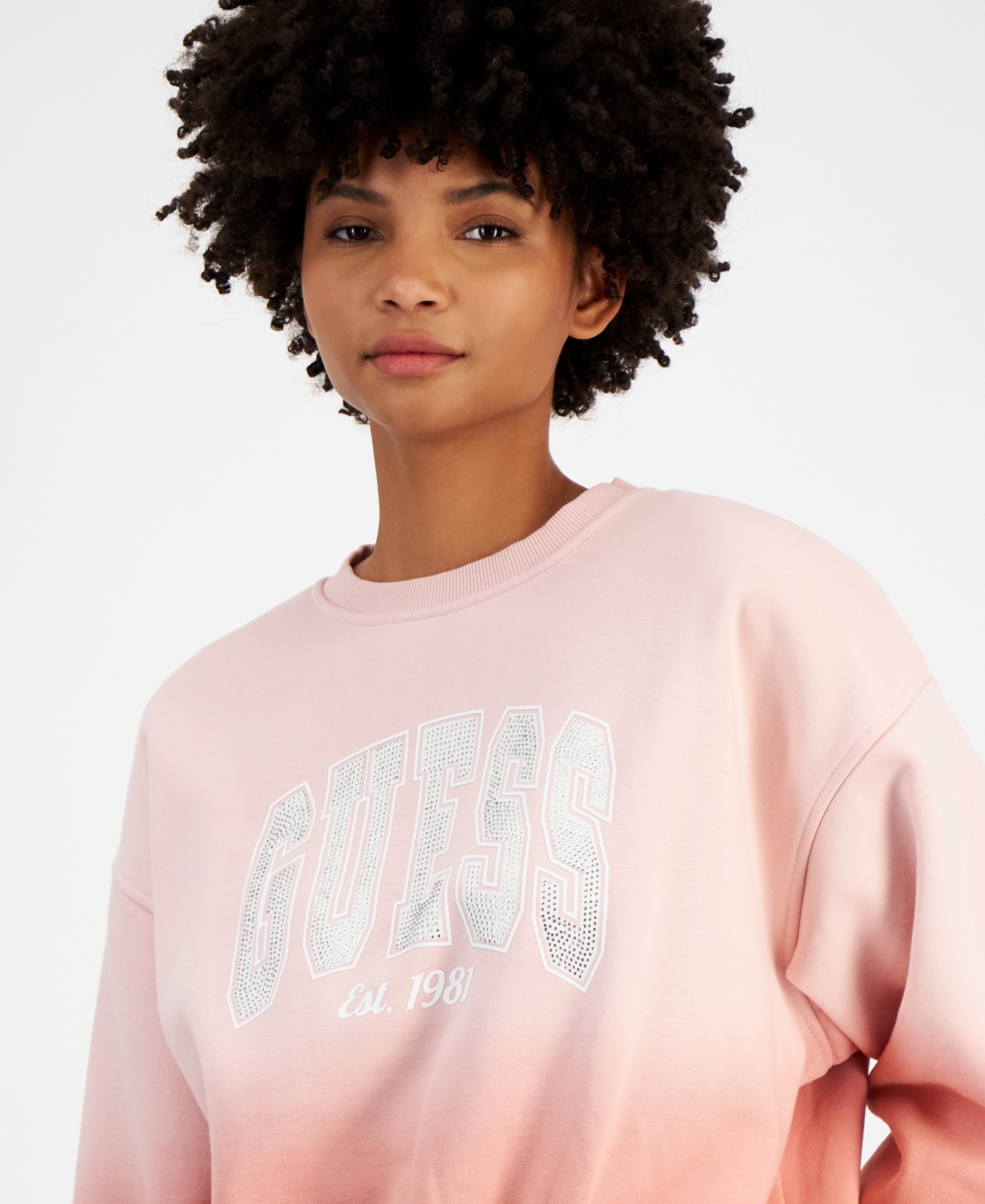 GUESS WOMEN'S CREWNECK EMBELLISHED-LOGO COLLEGE SWEATSHIRT 