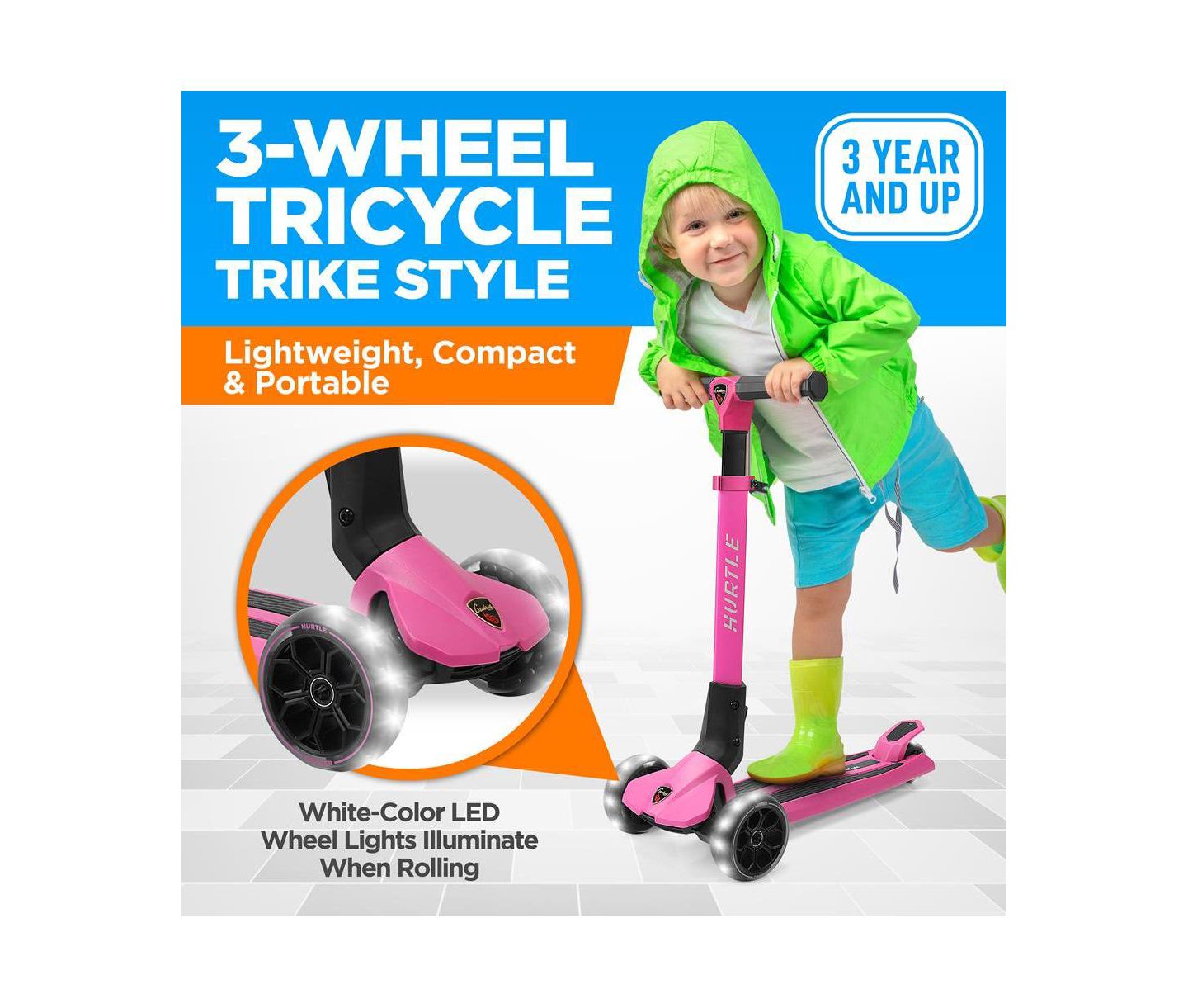 Детская игрушка Hurtle 3-Wheel Foldable Kids Scooter - Child Toy Scooter with Built-in LED Wheel Lights, Easy Maneuvering Lean-to-Steer Technology — фото 5
