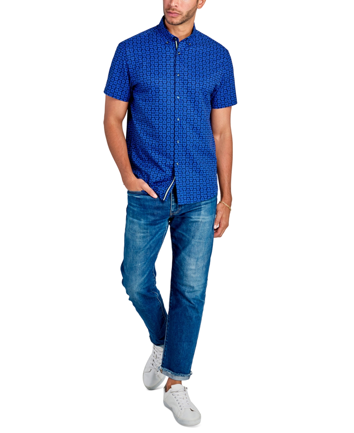 Society of Threads Men's Regular Fit Non-Iron Performance Stretch Geo Print Button-Down Shirt