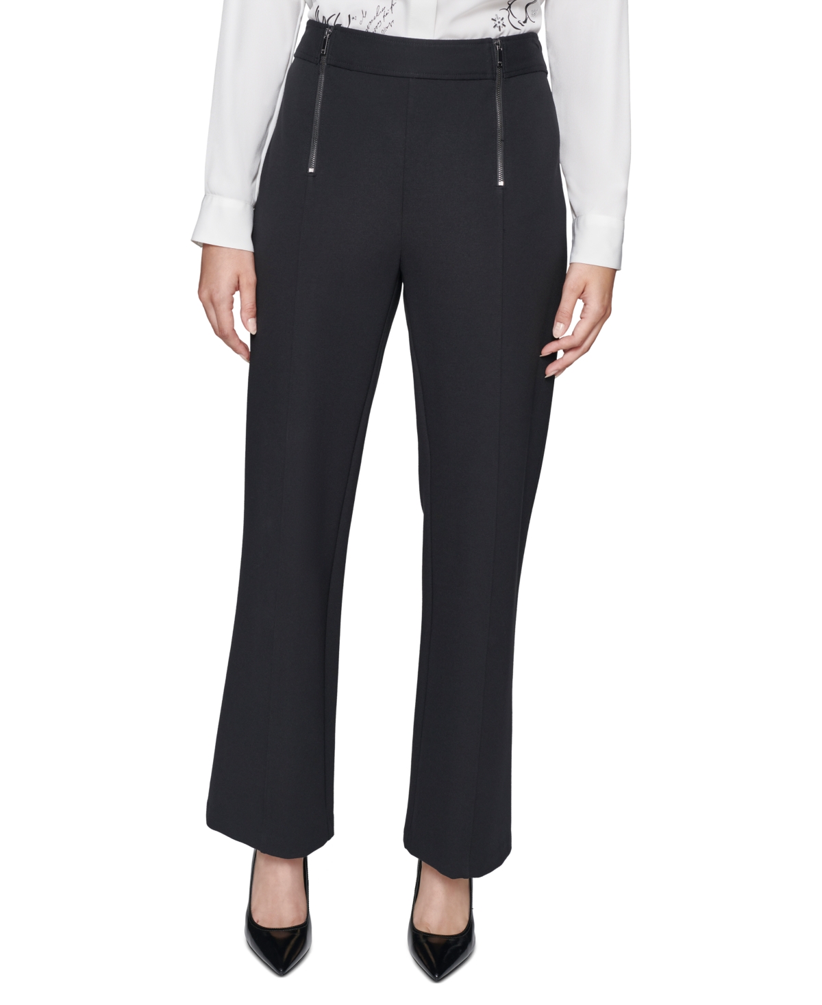 Karl Lagerfeld Faux-zipper Mid-rise Straight-leg Ponte Pants In Black