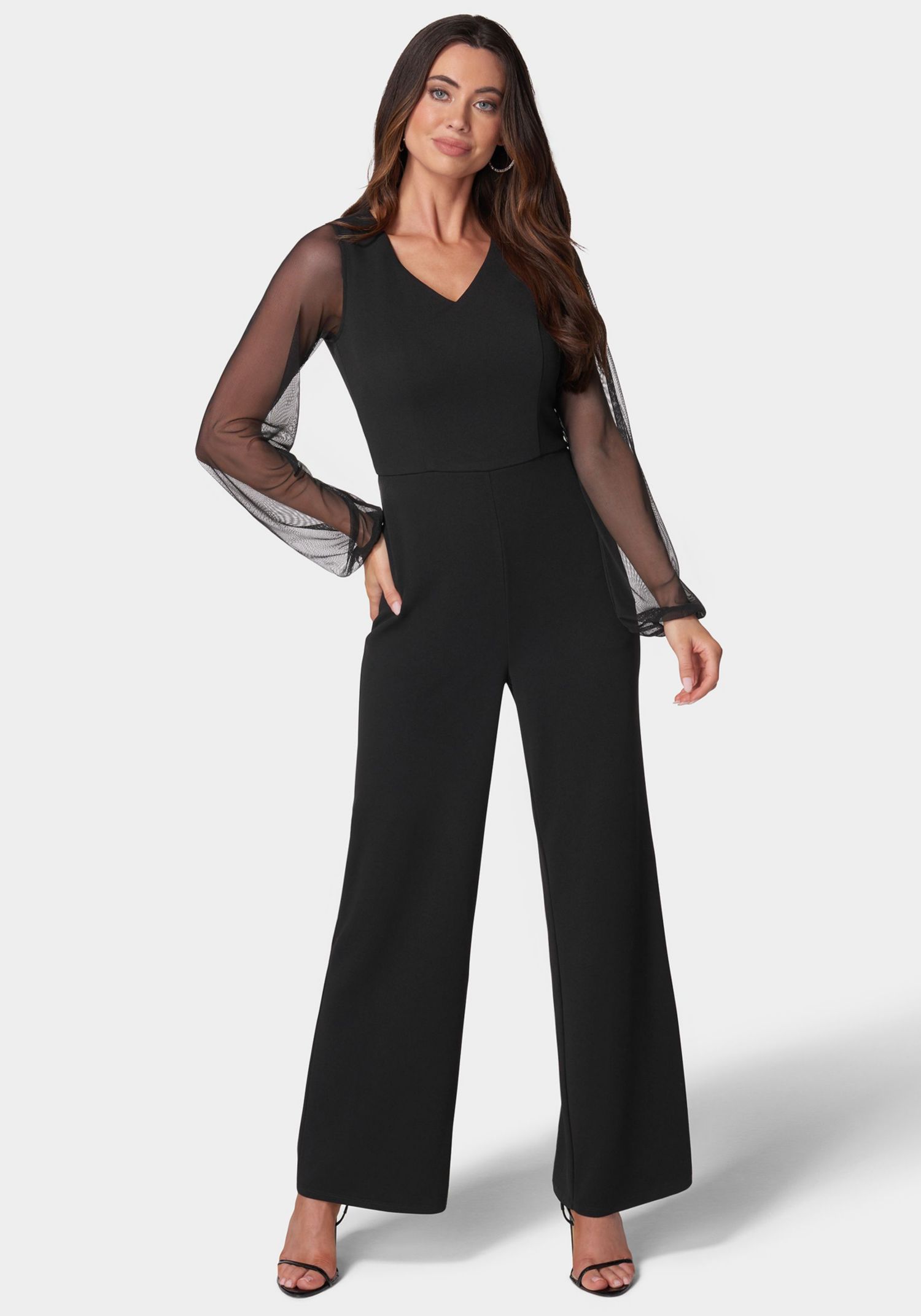 Women's V-Neck Jumpsuit with Powermesh Sleeve