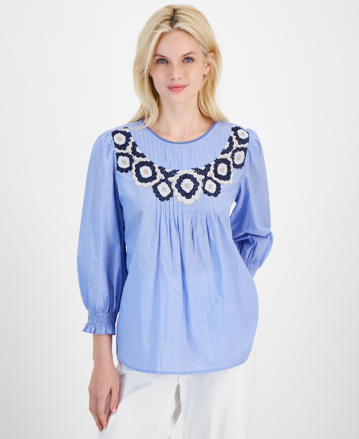 Women's Cotton Embroidered Pleated Top - Blue/white