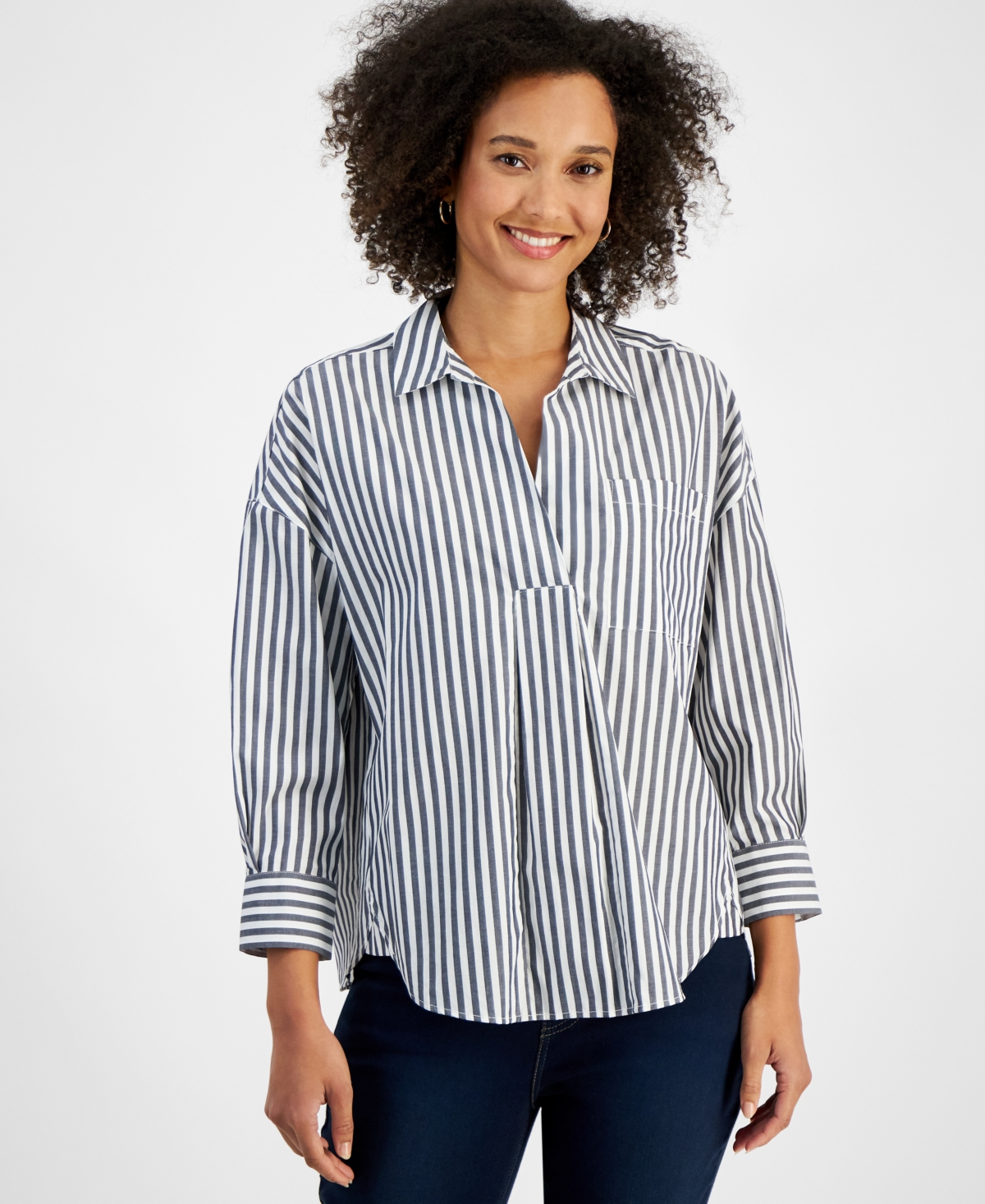 Nautica Jeans Women's Port Stripe Cotton Collared Blouse In Nigh Sky,white