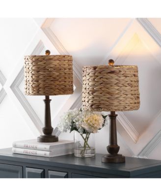 Leona 21.25" Rustic Farmhouse Handwoven Water Hyacinth/Resin LED Table Lamp, Brown Wood Finish (Set of 2)