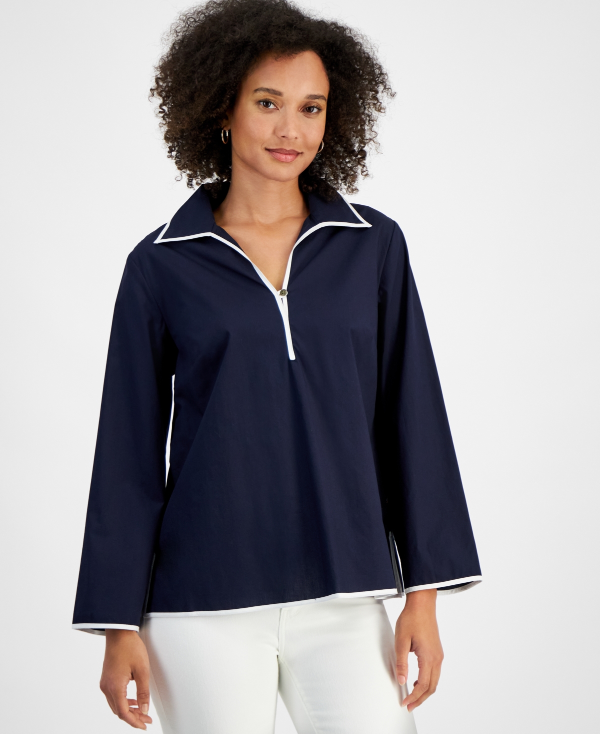 Women's Cotton Spread-Collar Long-Sleeve Top - Night Sky