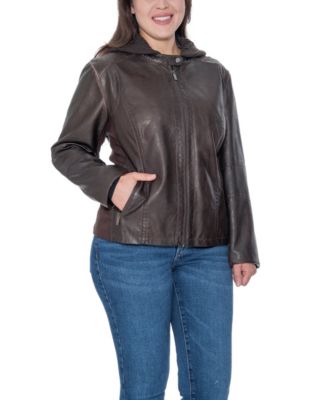 Plus Size Garment Dyed Faux Leather Zip Front Jacket With Detachable Sweater Knit Hood