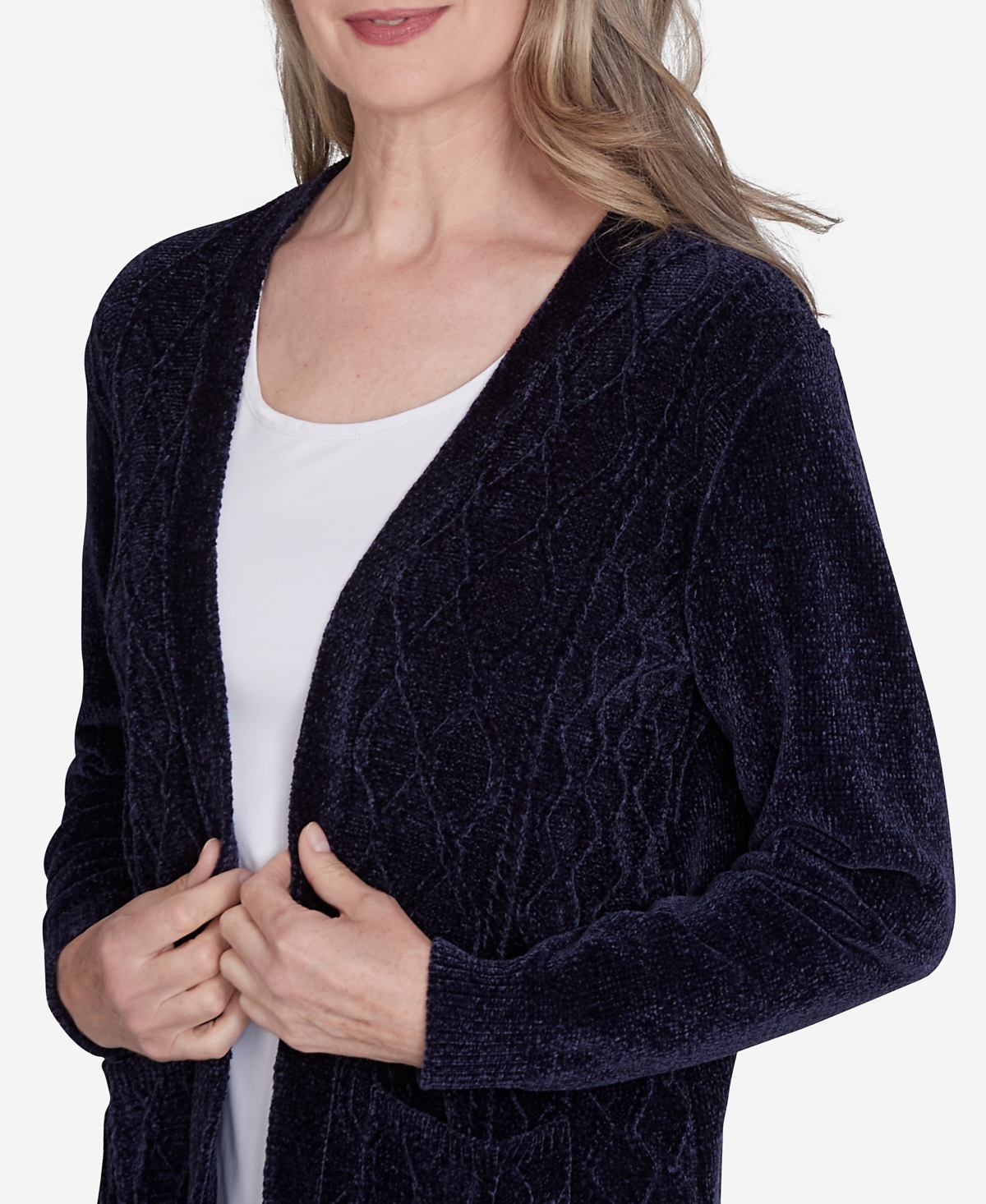ALFRED DUNNER PETITE CLASSICS CHENILLE CARDIGAN SWEATER WITH POCKETS 