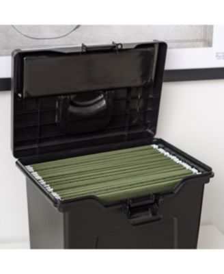 Portable Letter Size File Box with Built-In Organizer Lid and Handle for Hanging Folders, Large, Black