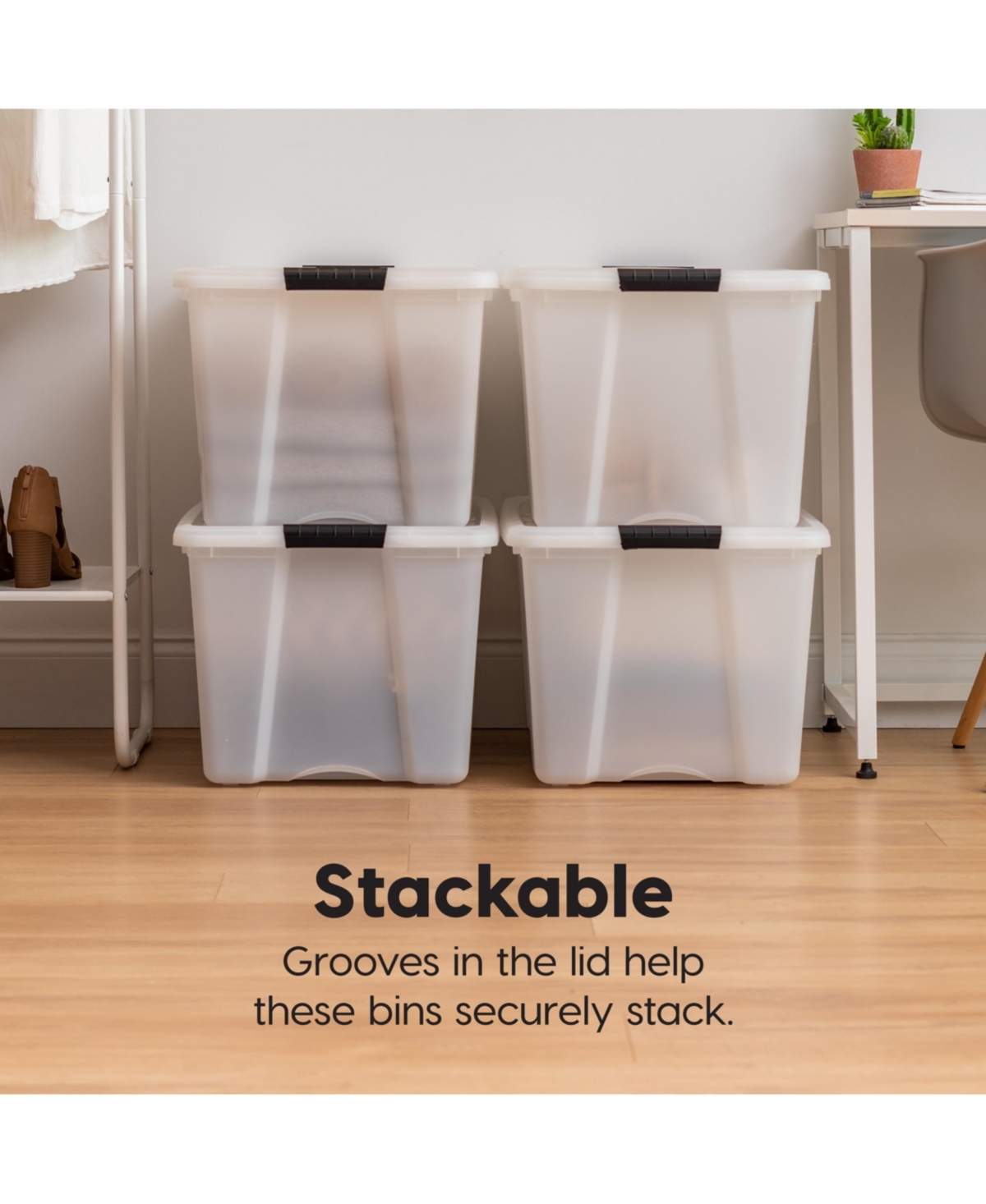 Iris 4 Pack 53qt Plastic Storage Bin with Lid and Secure Latching Buckles, Pearl