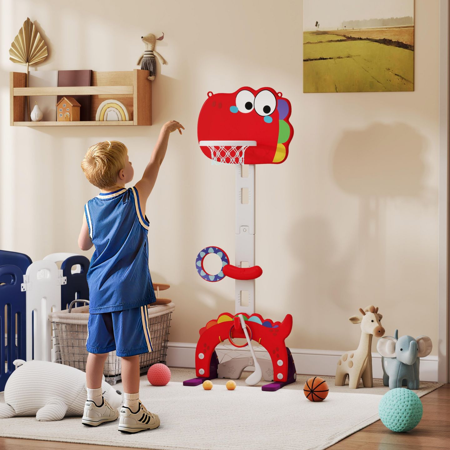 Детская игрушка Qaba Dinosaur-Themed 5-in-1 Kids Basketball Hoop, Height-Adjustable 4.4-5 ft, Ages 3-6 — фото 3
