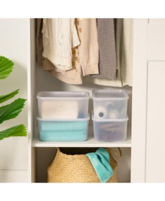 USA Small Plastic Modular Storage Basket with Lid, 4-Pack, Stackable, for Kitchen Bathroom Bedroom Closet Kid's Room Office, Easy to Clean, Stylish Design, Shelf Organizer, Pearl