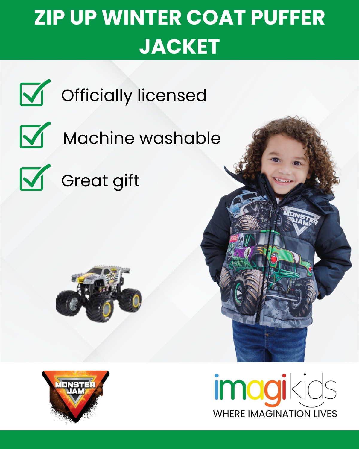 Toddler Boys Zip Up Puffer Jacket to Grave Digger El Toro Loco Megalodon - Monster jam