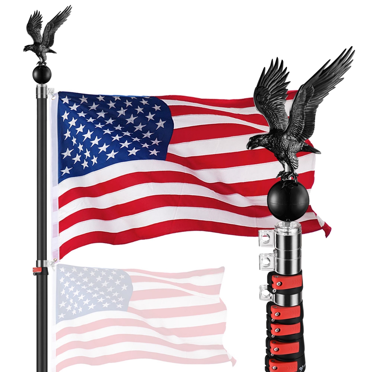 Yescom 30 Ft Telescopic Aluminum Flag Pole Kit w/ Gold Ball & Eagle ...