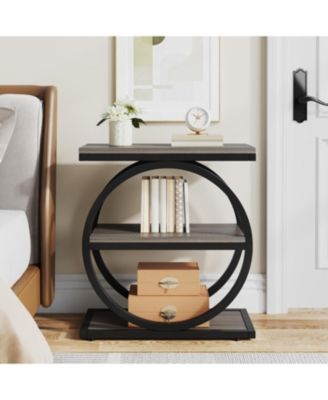 Narrow End Table with 3 Storage Shelves, Wood Side Table with Black Metal Frames, Industrial Sofa Side Table, Nightstand and Bedside Table