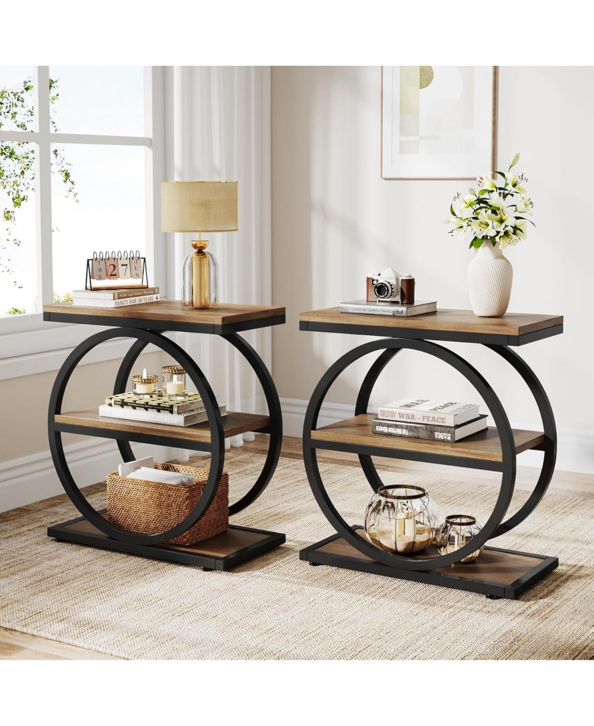 Tribesigns End Table Set of 2, Narrow End Table with 3 Storage Shelves, Wooden Side Table with Metal Frame, Sofa Side Table for Living Room,Nigh