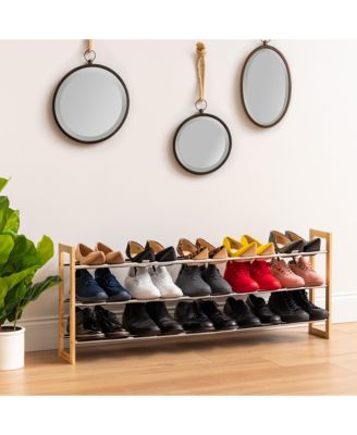 3 Tier Extendable Pine Wood and Metal Shoe Rack for Entryway, Up to 15 pairs