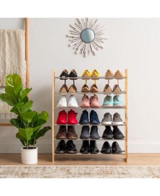 3 Tier Extendable Pine Wood and Metal Shoe Rack for Entryway, Up to 15 pairs