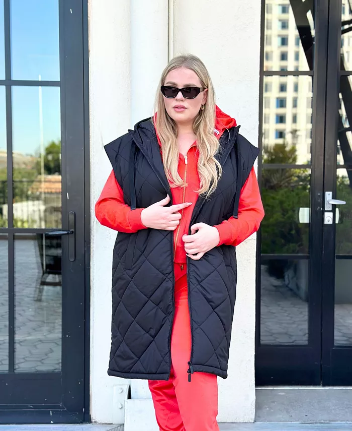 Plus Size Diamond Quilted Hooded Puffer Vest - thumbnail 6