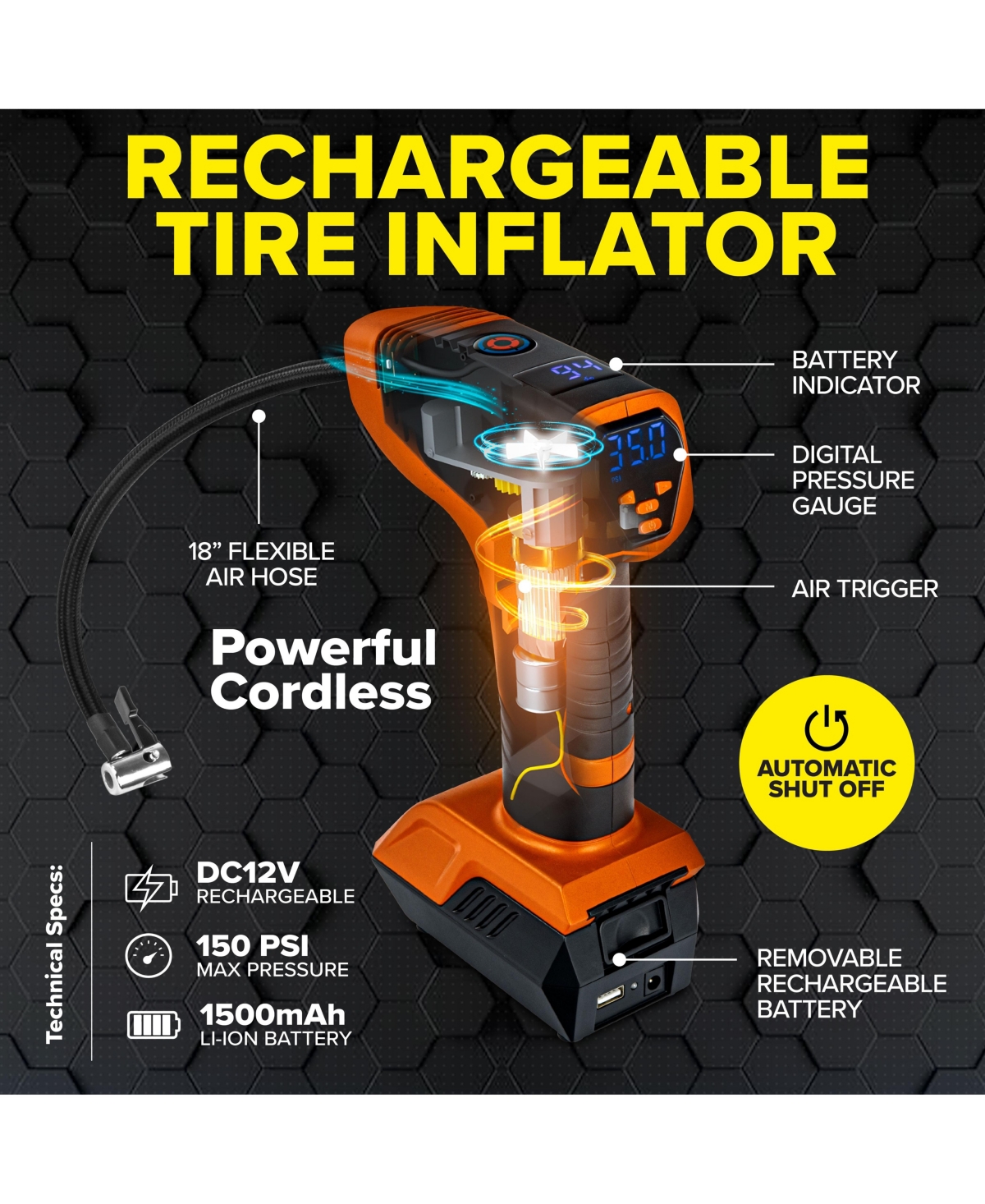 Bullseye Pro 150 Psi Cordless Handheld Rechargeable Tire Inflator with Digital Pressure Gauge and Battery Indicator