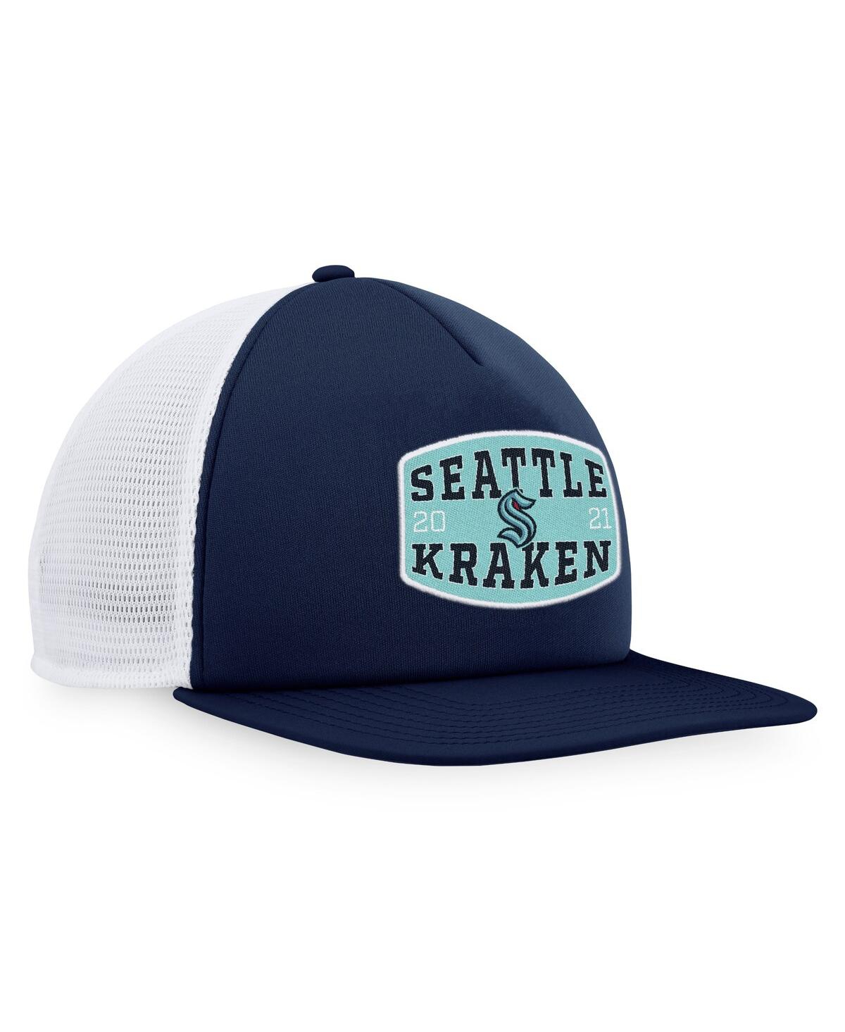 Fanatics Men's Deep Sea Blue/white Seattle Kraken Foam Front Patch Trucker Snapback Hat In Navy,white