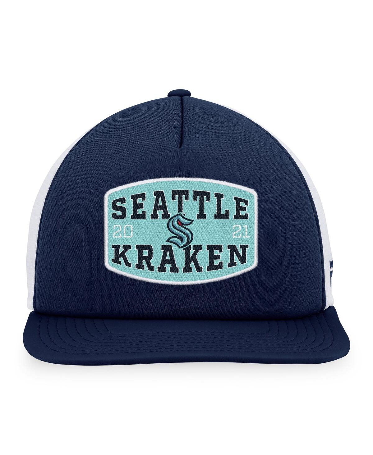 Fanatics Men's Deep Sea Blue/white Seattle Kraken Foam Front Patch Trucker Snapback Hat In Navy,white