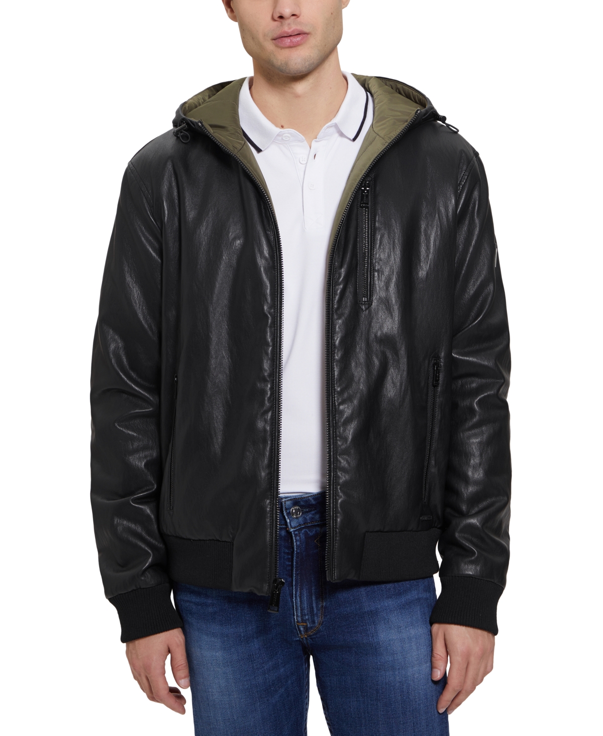 Guess Men's Gary Faux Leather Hooded Jacket In Jet Black