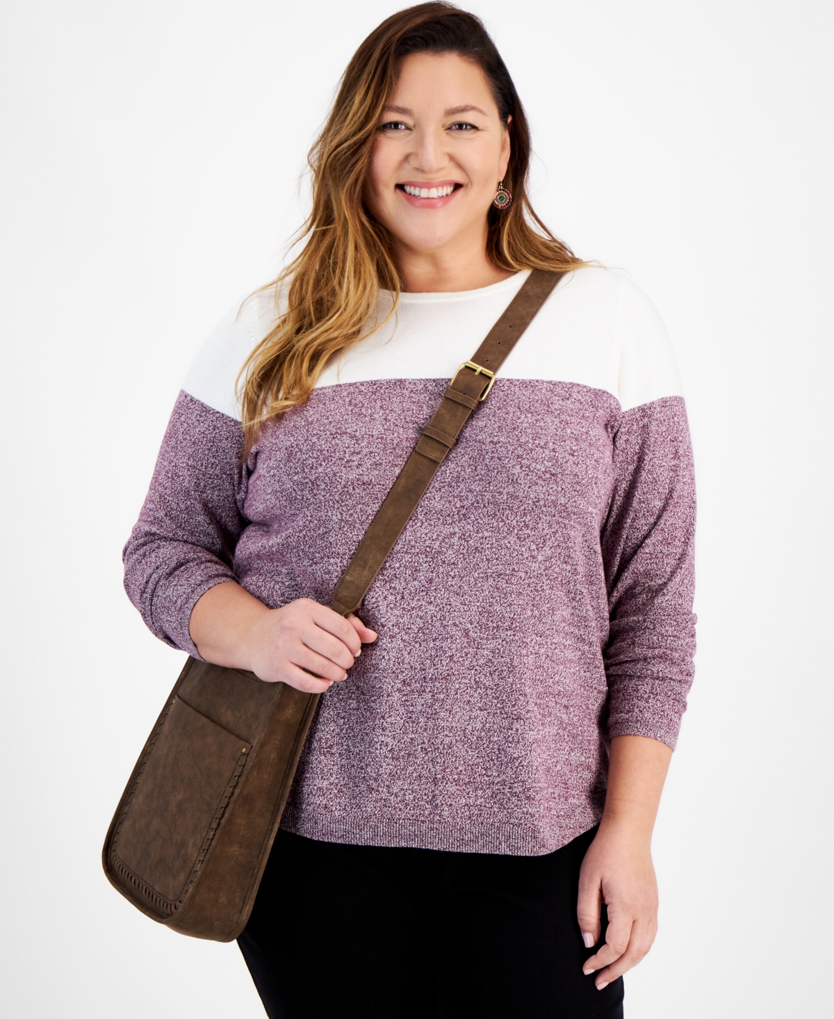 Style & Co Plus Size Cotton Color-Blocked Curved-Hem Sweater, Created for Macy's