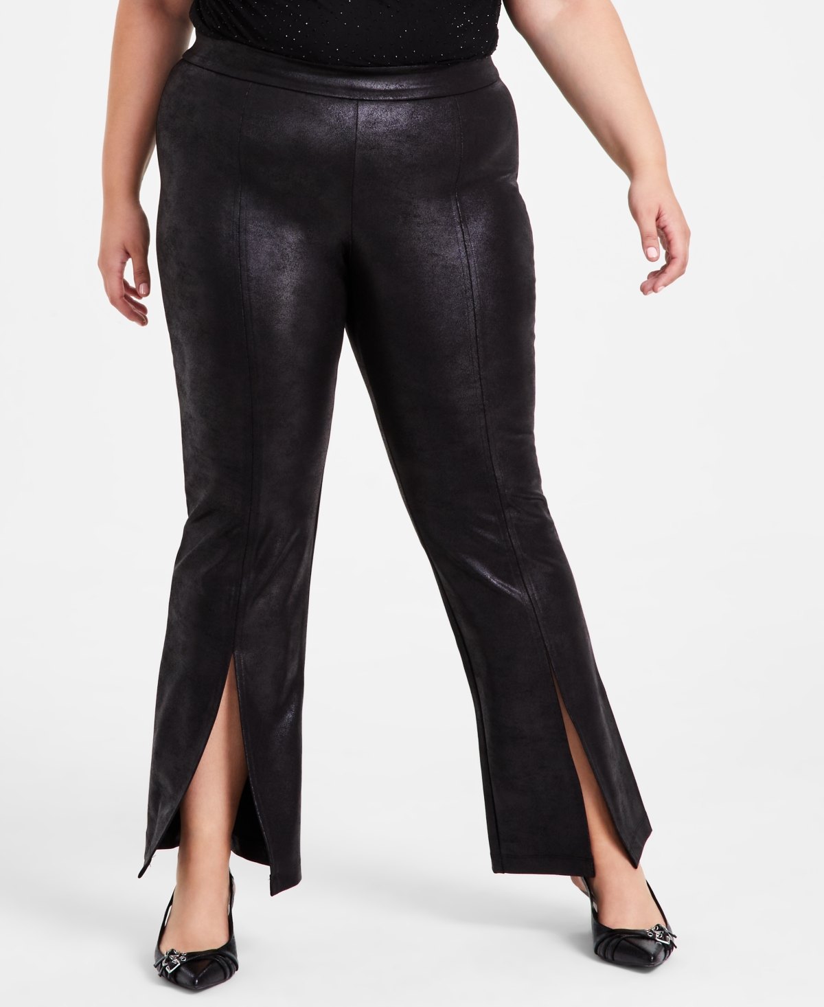 Bar Iii Trendy Plus Size Coated Split-Front Flared-Leg Pants, Created for Macy's