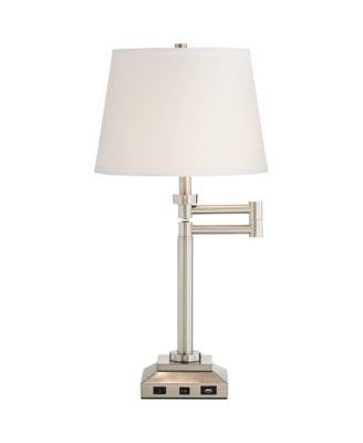 Camber Modern Desk Table Lamp 29" Tall Brushed Steel with USB and AC Power Outlet in Base Swing Arm Linen Shade for Bedroom Living Room