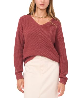 1.STATE - Women's V-Neck Diagonal-Stitch Long-Sleeve Sweater