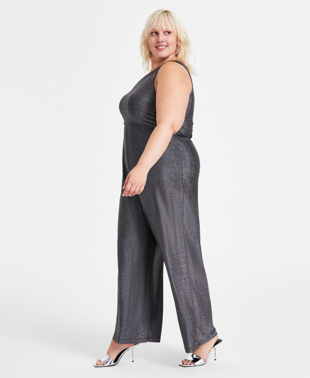 Bar Iii Trendy Plus Size Metallic Jersey One-Shoulder Jumpsuit, Created for Macy's
