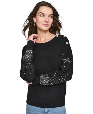 KARL LAGERFELD PARIS - Women's Rhinestone-Trim Crewneck Sweater