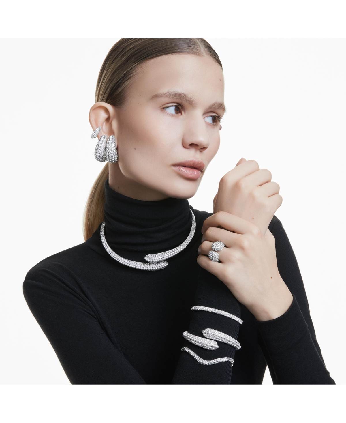 Swarovski Sublima Crystal Cultivated Pearl, Round Cut, White, Rhodium Plated Cuff In Silver,white