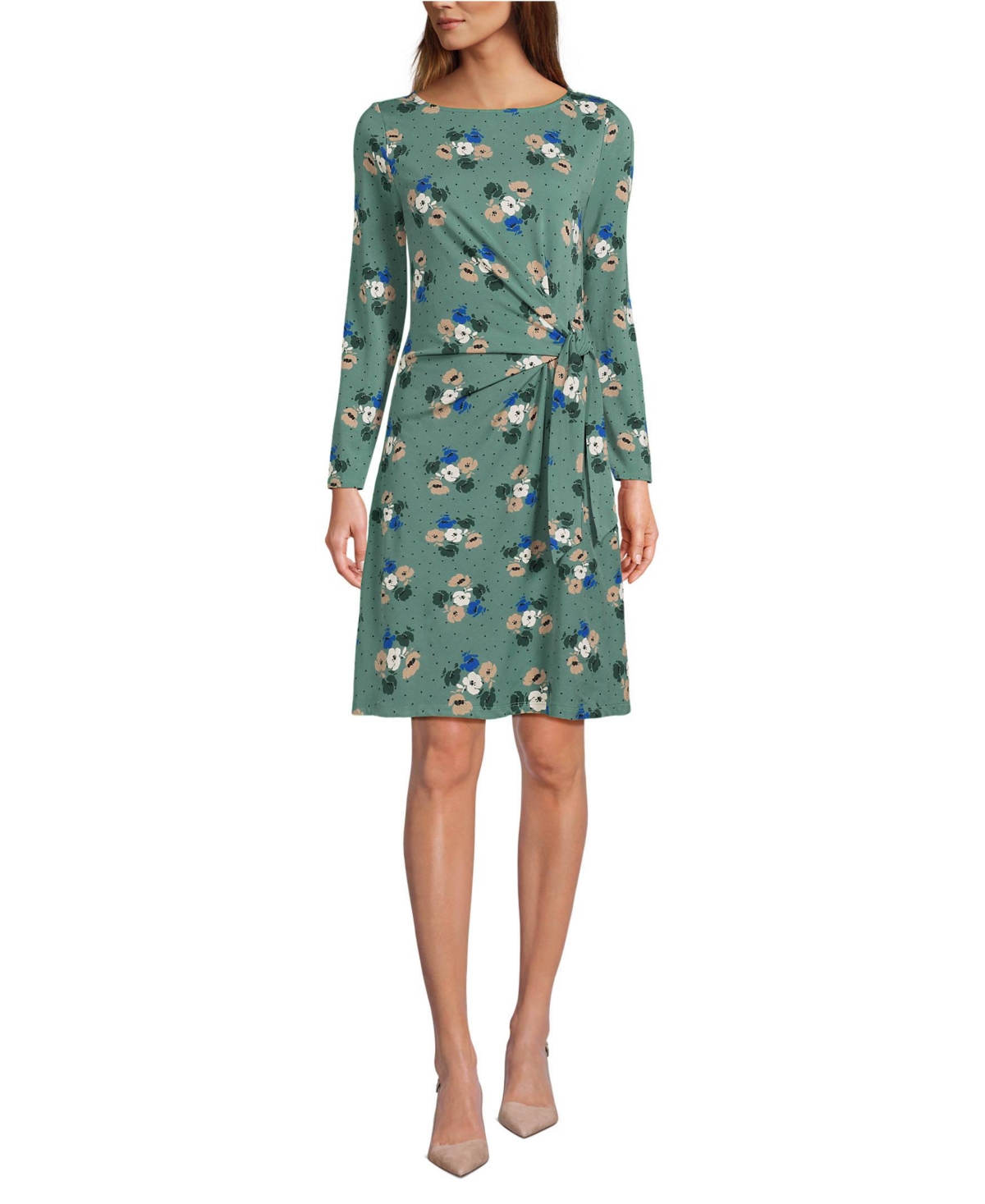 Women's Boatneck Long Sleeve Tie Waist Dress - Evergreen multi dot floral