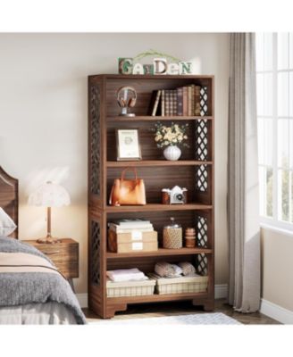 vintage, tall, engineered wood bookcase — 70.8" floor-standing 6-tier shelf rack for home office, living room, or bedroom display.