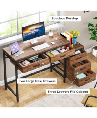 Desk with 5 Drawers, Computer Table, PC Table with Switchable Chest of Drawers, Printer Stand, Wooden Desk Table for Office, Living Room, Home, 130 x 45 x 82 cm