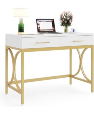 Modern Computer Desk with 2 Drawers, 41 Inches Study Writing Office Desk, Makeup Vanity Table Desk with Gold Metal Frame, White & Gold