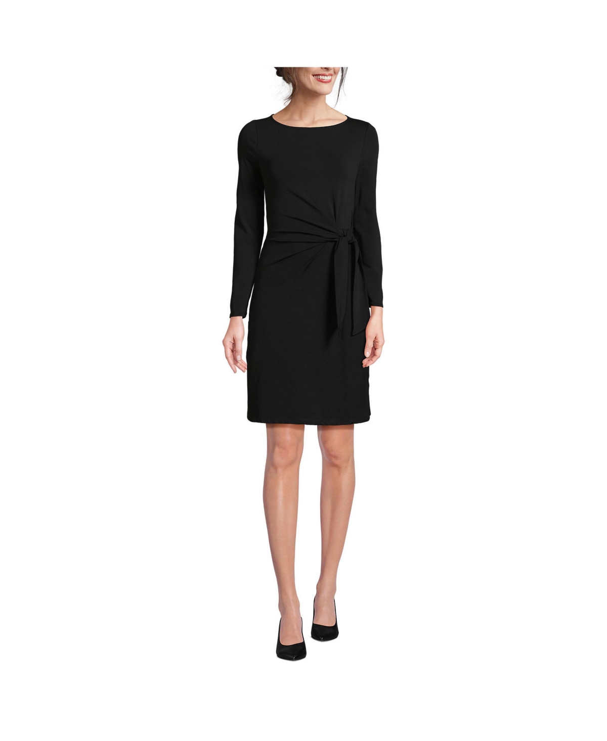 Petite Boatneck Long Sleeve Tie Waist Dress - Black