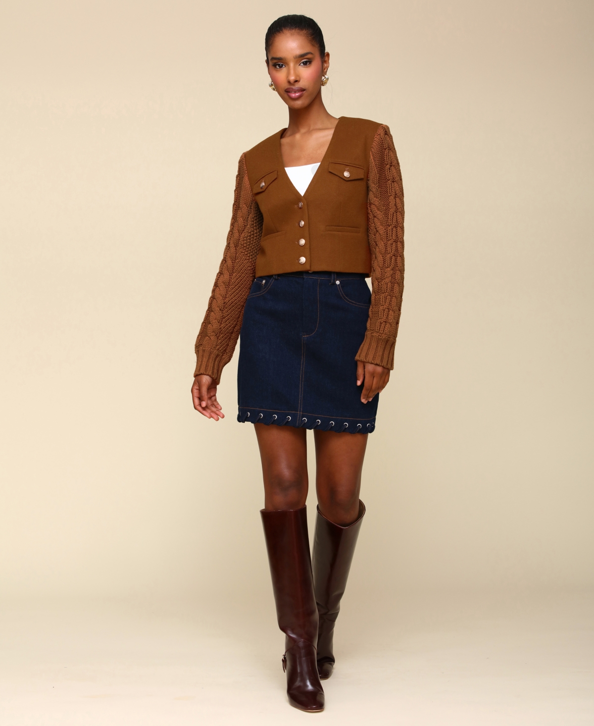 Avec Les Filles Women's Cotton Lace-Hem Mini Skirt