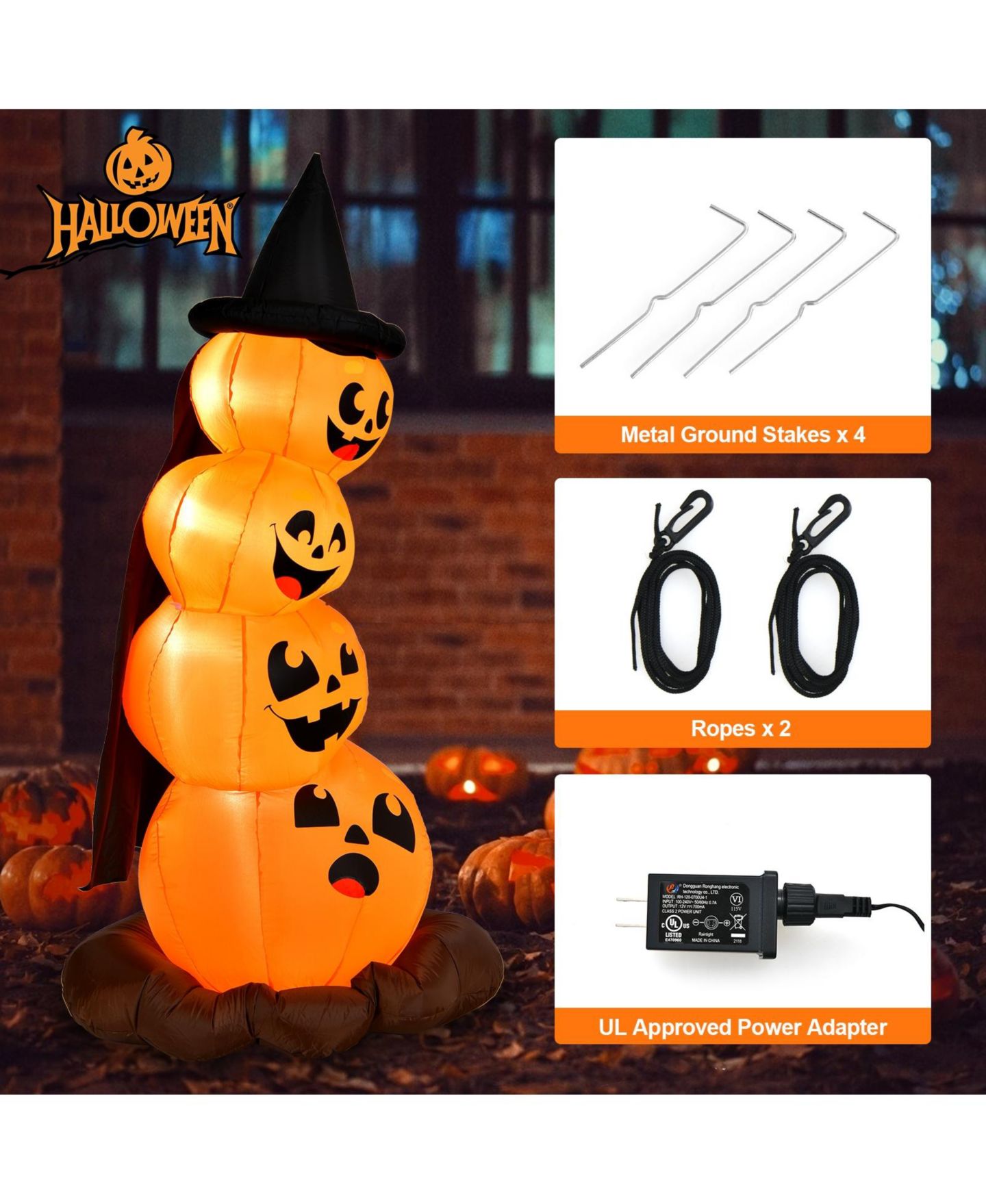 Детские игрушки VEBREDA 7 Feet Halloween Inflatable Pumpkin Combo with Witch's Hat and LED Lights, цвет: Оранжевый — фото 8
