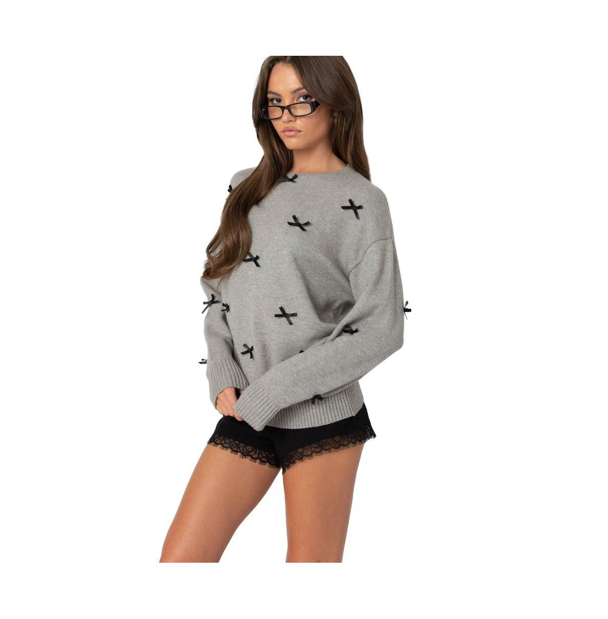 Edikted Women's Satin Bow Oversized Sweater - Gray-melange