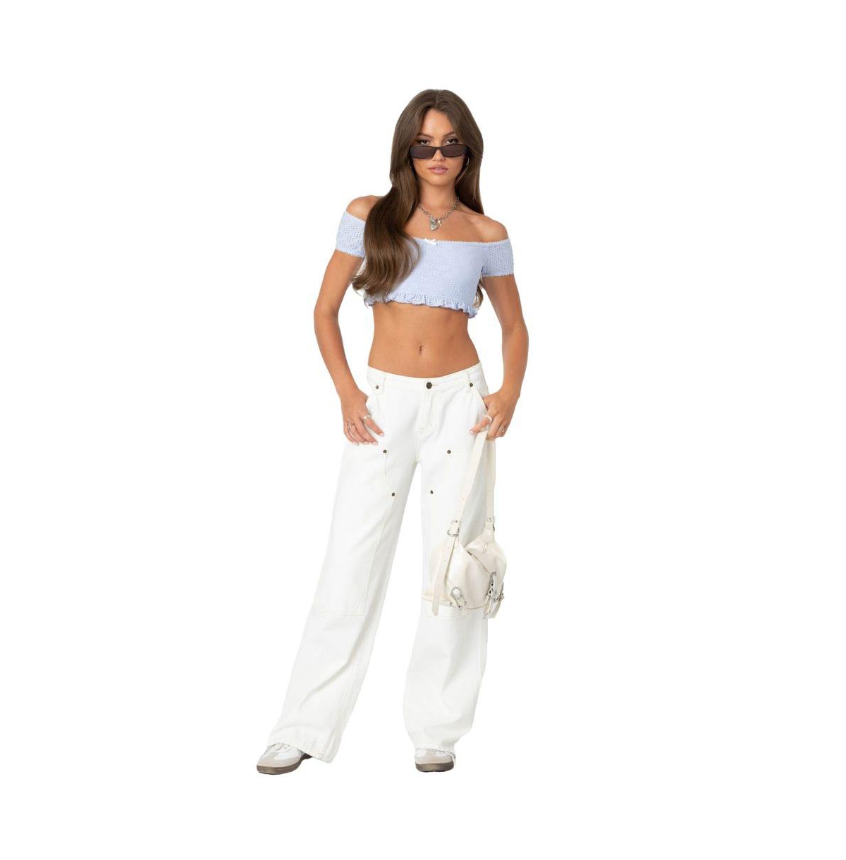 Edikted Women's Off Shoulder Eyelet Crop Top - Light-blue