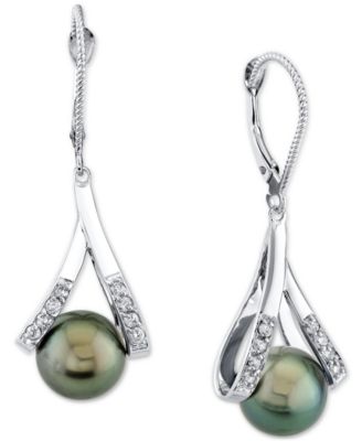 Macy's - Cultured Tahitian Pearl (8-1/2mm) & Diamond (1/5 ct. t.w.) Leverback Drop Earrings in 14k White Gold
