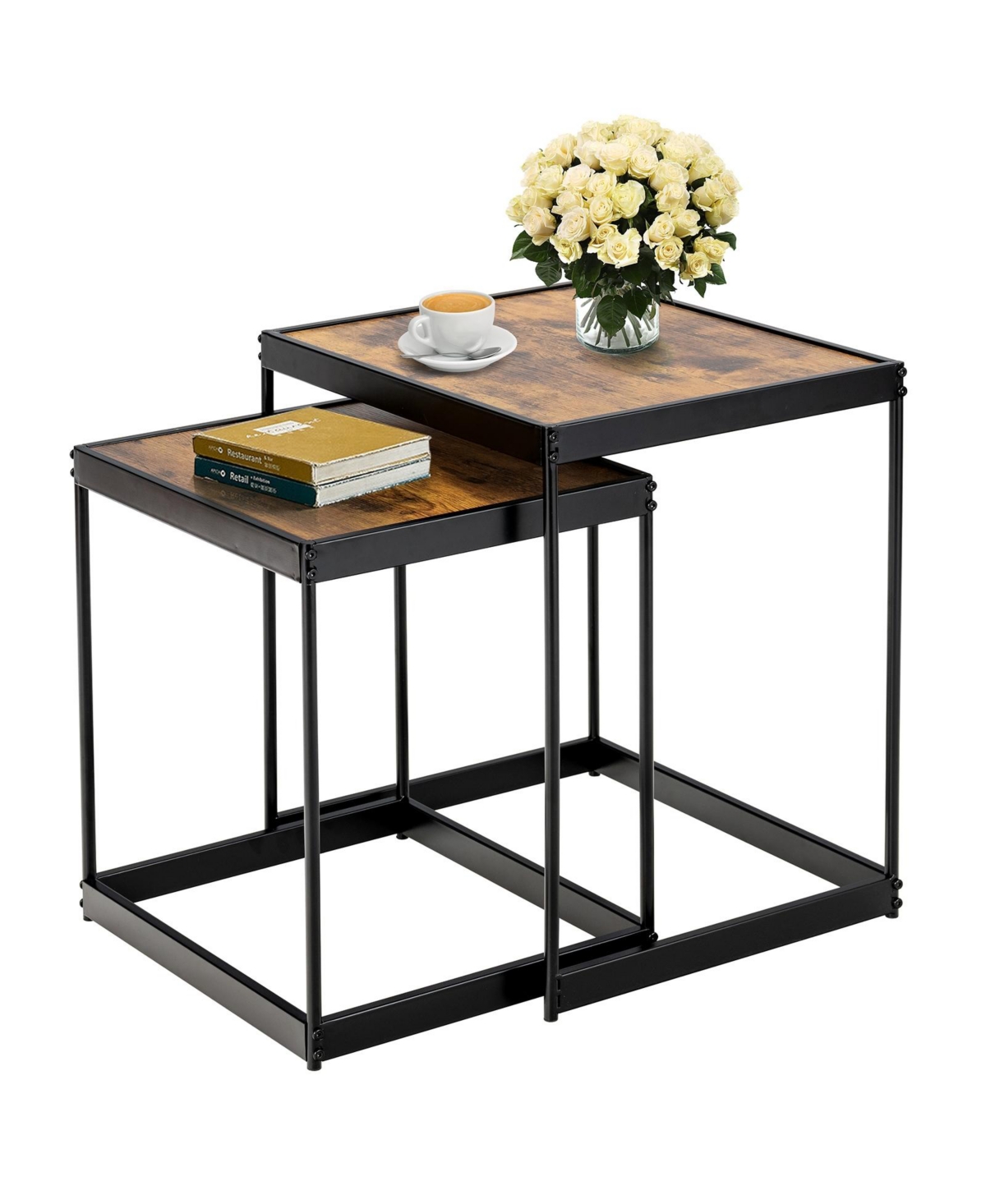 Sugift Set of 2 Modern Nesting End Tables with Metal Legs for Living Room-Rustic- Brown