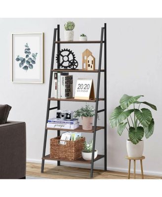 5 Tier Leaning Bookshelf Wood Metal Bookcase